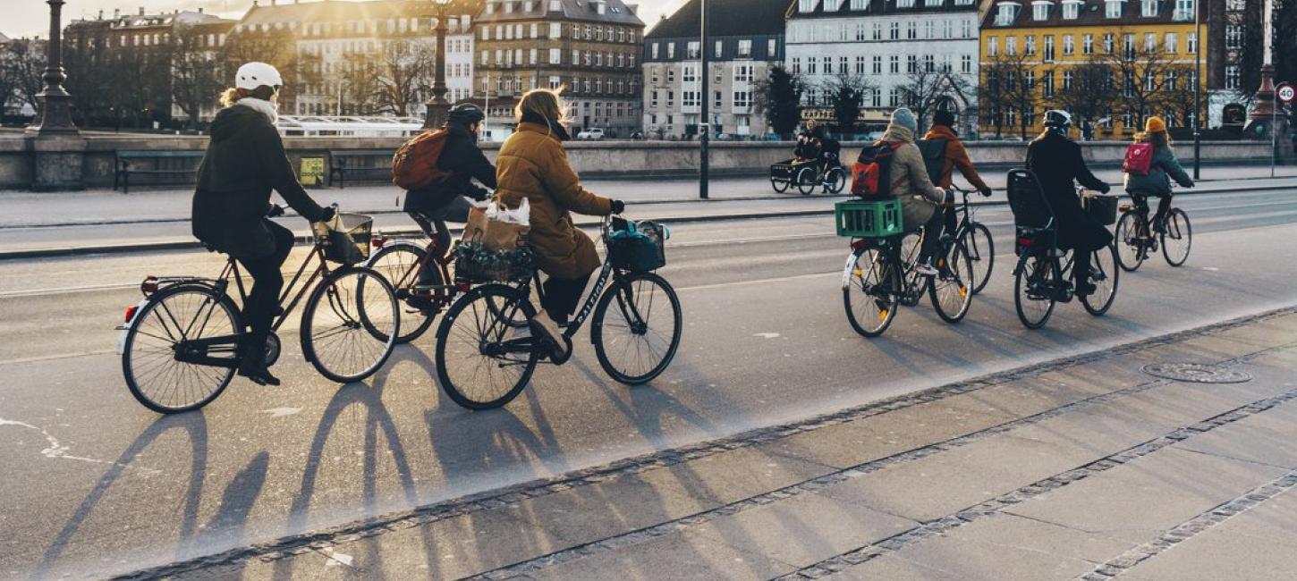 People cycling on Queen Louise's Bridge in winter, Copenhagen