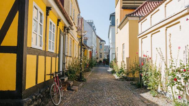 En koselig brosteinsgate med fargerike hus i Faaborg på Fyn, Danmark